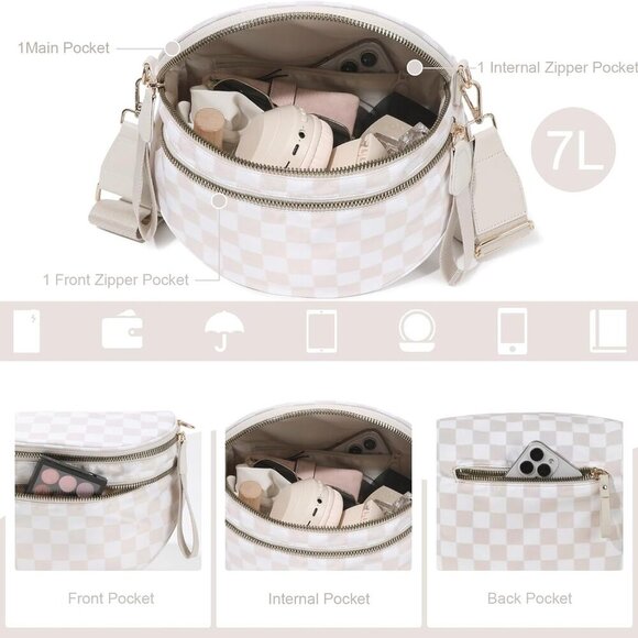 Waterproof Beige Checkered Crossbody Bag - Adjustable Strap for Ultimate Comfort - Picture 3 of 6